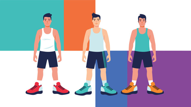Three versions of the same man in different colored athletic tank tops and shorts standing against a geometric background.
