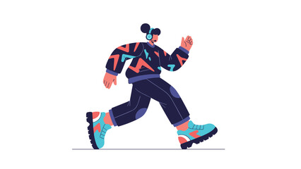 Fototapeta premium Man with a headset and microphone running while wearing a stylish patterned sweater and dark pants against a plain white background.