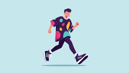 Fototapeta premium Stylish man running with energy wearing a black t-shirt with large colorful polka dots and purple leggings on a light blue background.