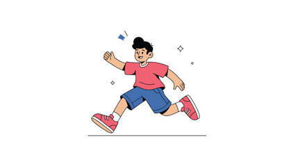 Fototapeta premium Cheerful cartoon boy with black hair wearing a red t-shirt and blue shorts is running happily on a white floor with stars.