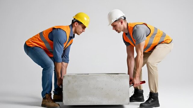 Construction Workers in Safety Vests and Hard Hats Lifting a Heavy Concrete Block Together