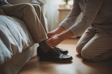 Caregiver Kneeling to Help a Senior Man with His Socks and Shoes