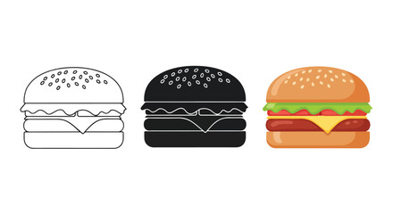 Fototapeta premium Fast Food Burger Icon Set Vector Illustration - Clipart, logo template - Vector icon set - Glyph and solid icon set - Icon vector - Flat Design Icon - line icon set - Silhouette icon - Logo vector