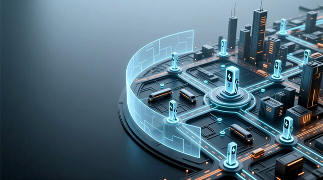 Electric mobility safety architecture for smart city planning Digital illustration protected transport systems charging networks in high-tech environment elevated view