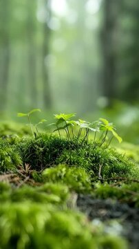 The camera focuses on green moss covering the ground in a forest. Small plants are visible among the moss, showcasing nature's details. Soft morning light filters through the trees