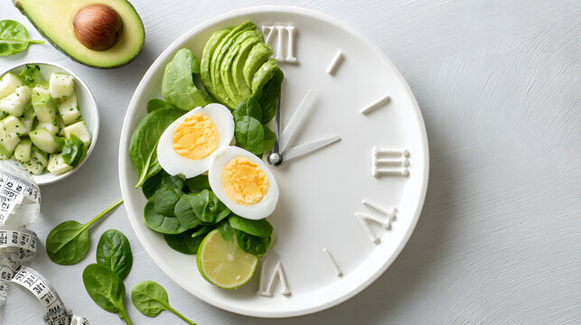 Intermittent fasting and autophagy diet concept, clock plate with healthy food and empty space