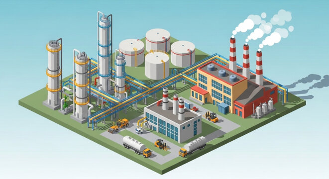 Industrial oil refinery complex with smoke stacks and storage tanks.