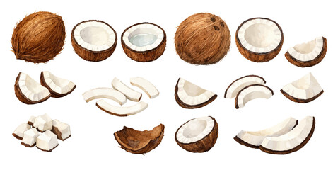 A charming watercolor collection of whole coconuts, halves, and coconut slices for tropical fruit illustrations and kitchen design. © liana