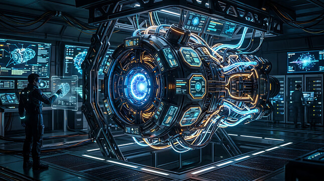 A futuristic machine emitting glowing energy rings in a high-tech laboratory environment viewed from a side perspective