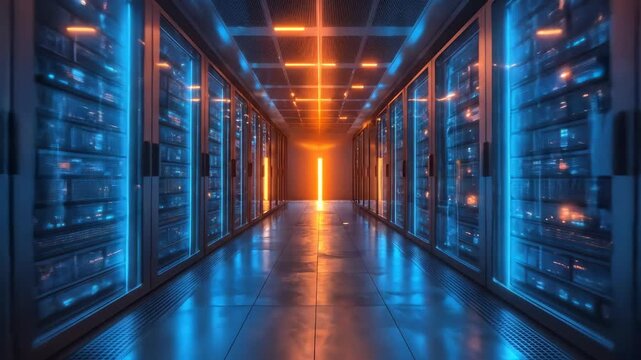 Digital server array, immense cloud storage capabilities, seamless global data flow, essential foundation for the web and modern internet network development