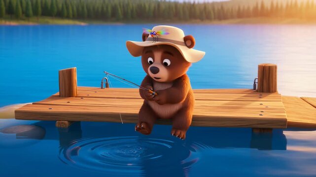 Animated bear fishing on wooden pier by lake illustration of a cartoonish brown bear character wearing hat with fishing pole in summer