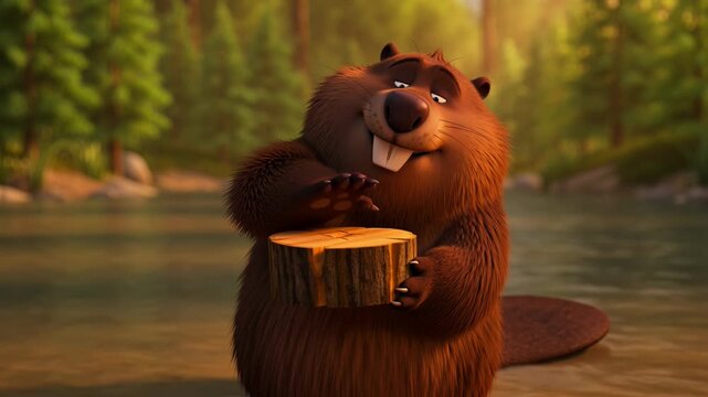 Animated beaver character holding a log with forest and river background ideal for childrens content and environmental projects
