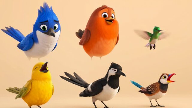 Animated birds collection featuring blue jay robin hummingbird yellow finch magpie character design on neutral background