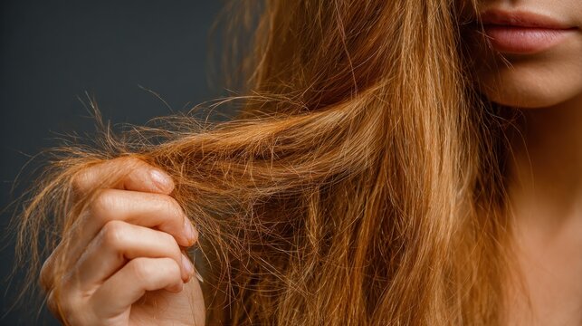 A woman gently pulls on her dry hair while examining the split ends, capturing a raw moment of self-reflection at home