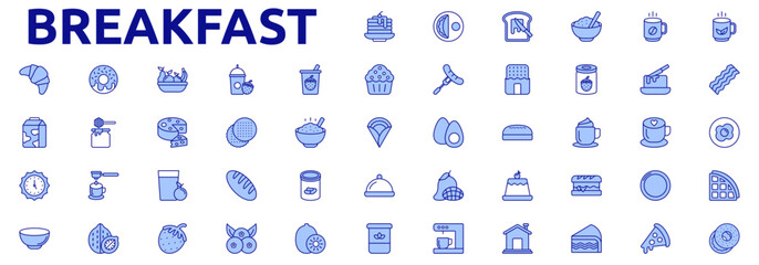 Breakfast icon set color lineal style with pancake, omelette, toast, cereal, coffee, tea, bacon, egg, waffle, bagel, croissant, donut, fruit, smoothie, yogurt icons