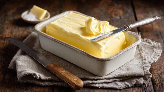 Butter sits in a dish at room temperature next to a blunt knife on a rustic table with natural wood grain