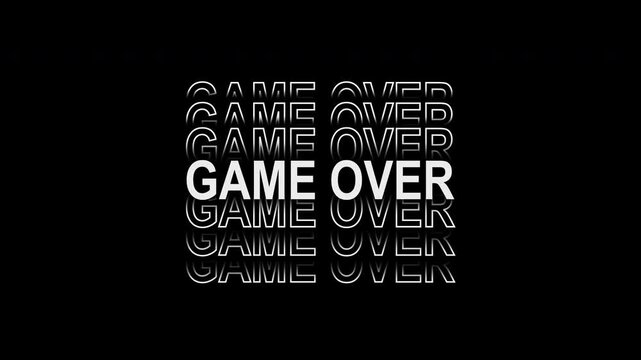 Glitch game over text animation with pixel distortion and scanlines. Alpha channel overlay for gaming outro, stream alert, and VFX.