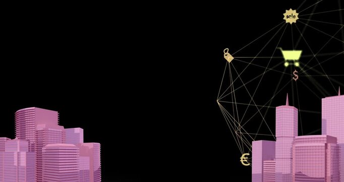 Animation of digital network of connections with icons over pink 2d cityscape model