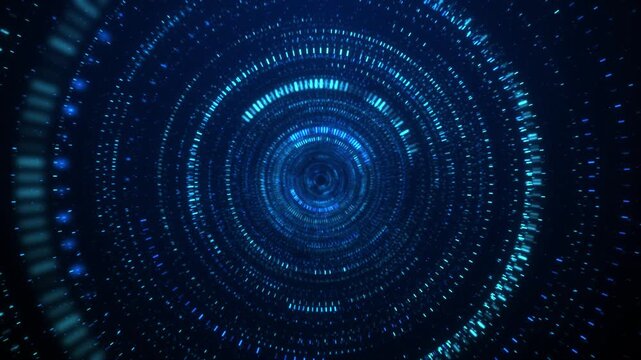 Looped animation. Looped animation. Abstract background. Moving through hyperspace with bright circles in blue color. Modern colorful wallpaper. 3d rendering.