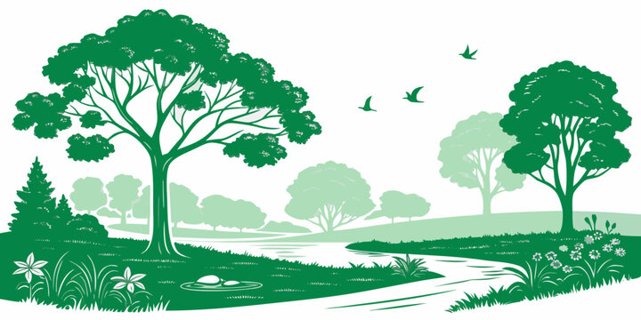 a green landscape with trees and a winding path Vector