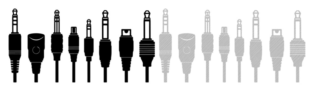 Various audio jack connectors and adapters shown in different sizes and colors
