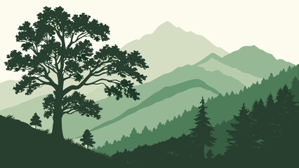 A majestic tree stands tall against a backdrop of rolling green mountains. Vector © RABBY