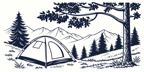 A serene campsite nestled in a forested mountain landscape with a tent and scenic views. Vector © RABBY