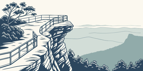 A serene landscape featuring a winding bridge over a tranquil river valley Vector © RABBY