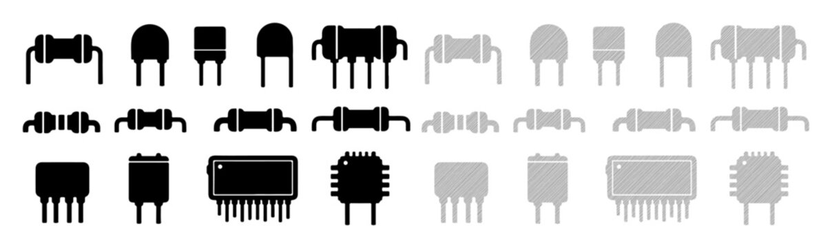 Collection of electronic components in black and gray silhouettes on a white background.