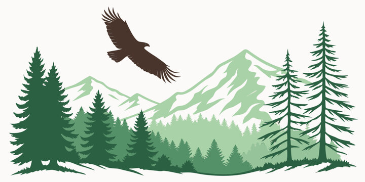 Majestic eagle soaring over a serene mountain landscape with dense forest Vector