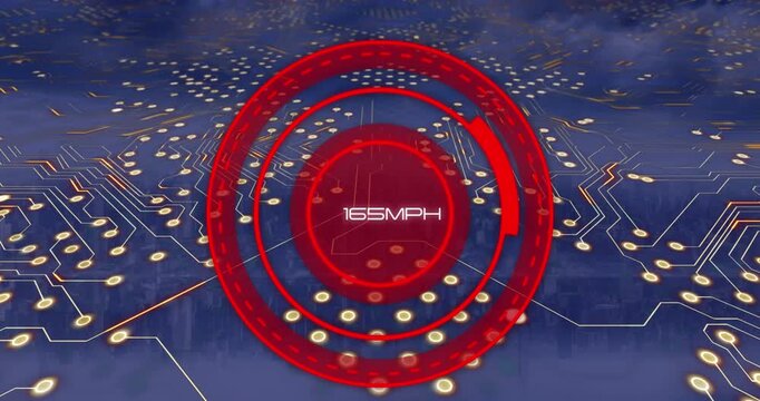 Animation of scope scanning with growing number and computer circuit board over cityscape