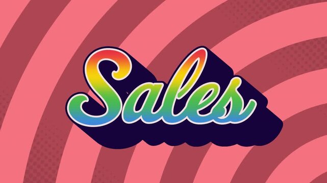 Digital animation of rainbow effect over sales text against green radial background