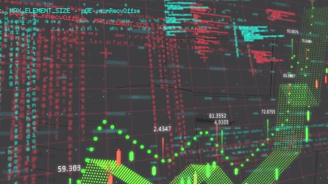Digital animation of computer language and grid pattern with lines graphs showing business progress