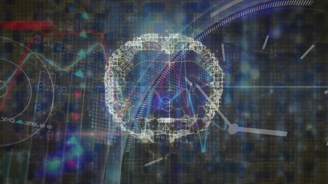 Animation of digital brain over data processing and moving clock on black background