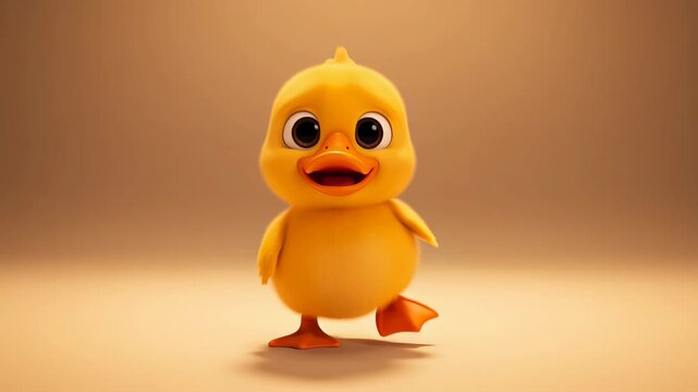 Animated cute yellow duckling strutting forward with a cheerful expression on a warm beige background perfect for childrens content