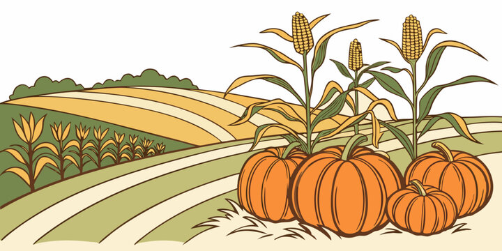 A vibrant autumn scene with pumpkins in a field and a clear blue sky overhead. Vector