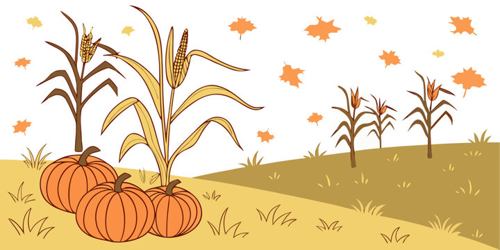 A vibrant autumn scene with pumpkins and cornstalks in a field with falling leaves Vector