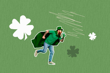 Creative sketch collage of happy ginger man run pub celebration drink beer glass saint patrick day...