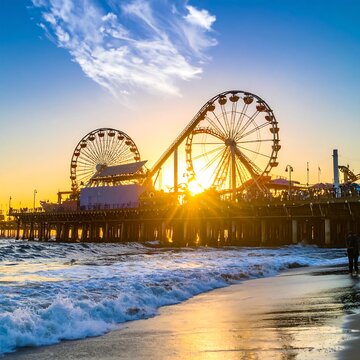 A seaside amusement park with a Ferris wheel at sunset. Golden sunlight bathes the scene, highlighting the ocean waves and sky. People walk by