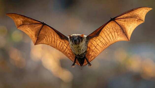 Bat in flight shows translucent wings, illuminated against blurred background