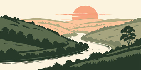 Sunset over a winding river valley surrounded by lush green trees and distant mountains Vector © RABBY