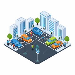 Obraz premium Electric Cars Charging in a Modern City Parking Lot.