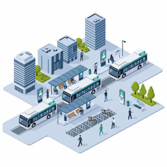 Obraz premium Modern Isometric Bus Station with City Buildings and People.