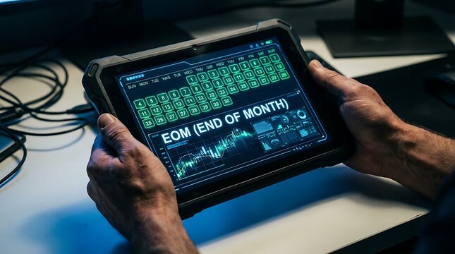 Close-up of hands holding a rugged tablet displaying financial or business data, including a calendar and a line graph with 'EOM (END OF MONTH)' text.