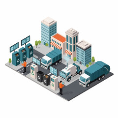 Obraz premium Smart City Waste Management System with Recycling Trucks.