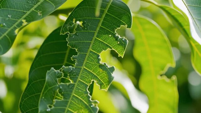 Closeup of green mango leaves damaged by insects in sunlight.
