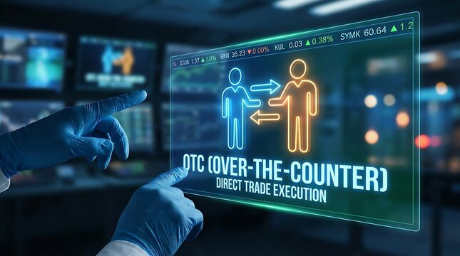 Hands in blue gloves interacting with a holographic screen displaying OTC (Over-The-Counter) direct trade execution concept in a financial technology setting.