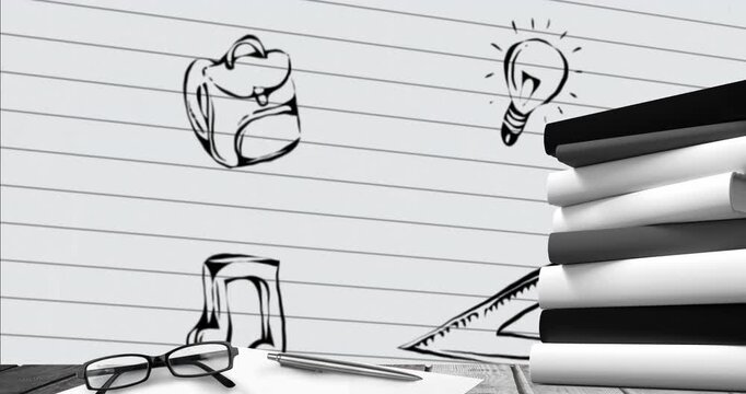Animation of spectacles and pen on book over multiple icons against paper in background