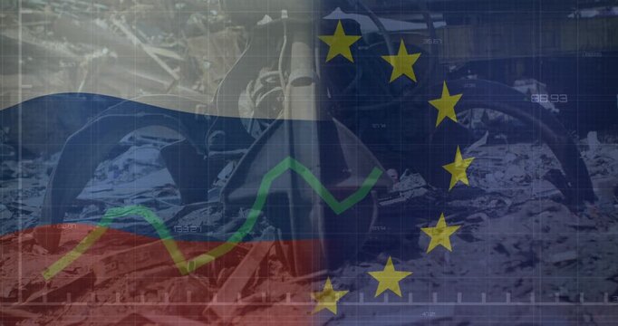 Animation of waving eu flag against claw attachment of hydraulic lifting machine at junkyard