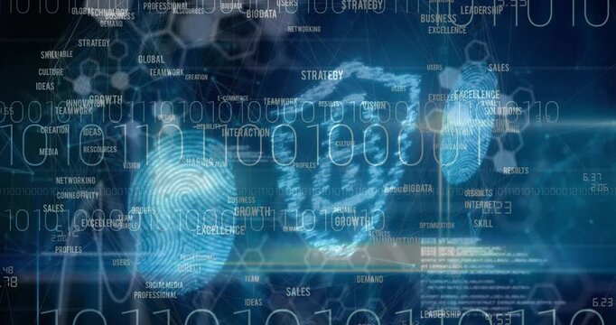 Animation of network of business concept texts, binary coding and security padlock icon